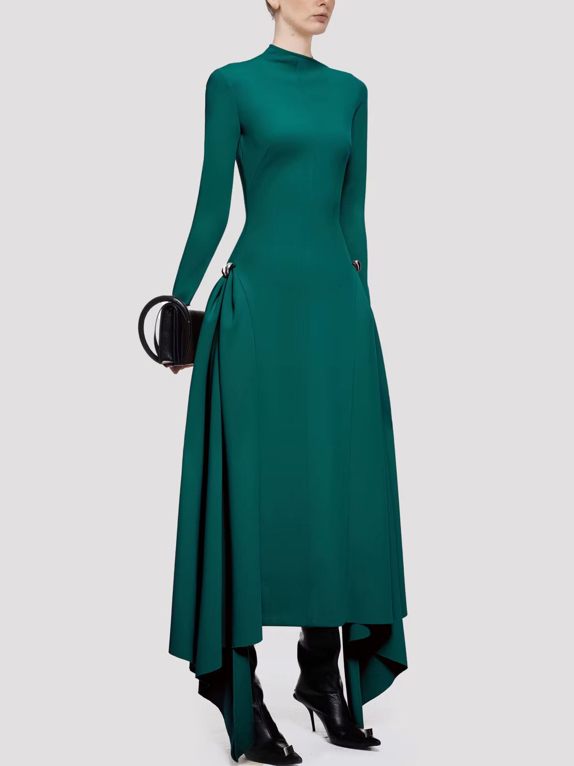 Long-sleeved brown Asymmetrical Jersey Gathered Maxi Dress for stylish comfort