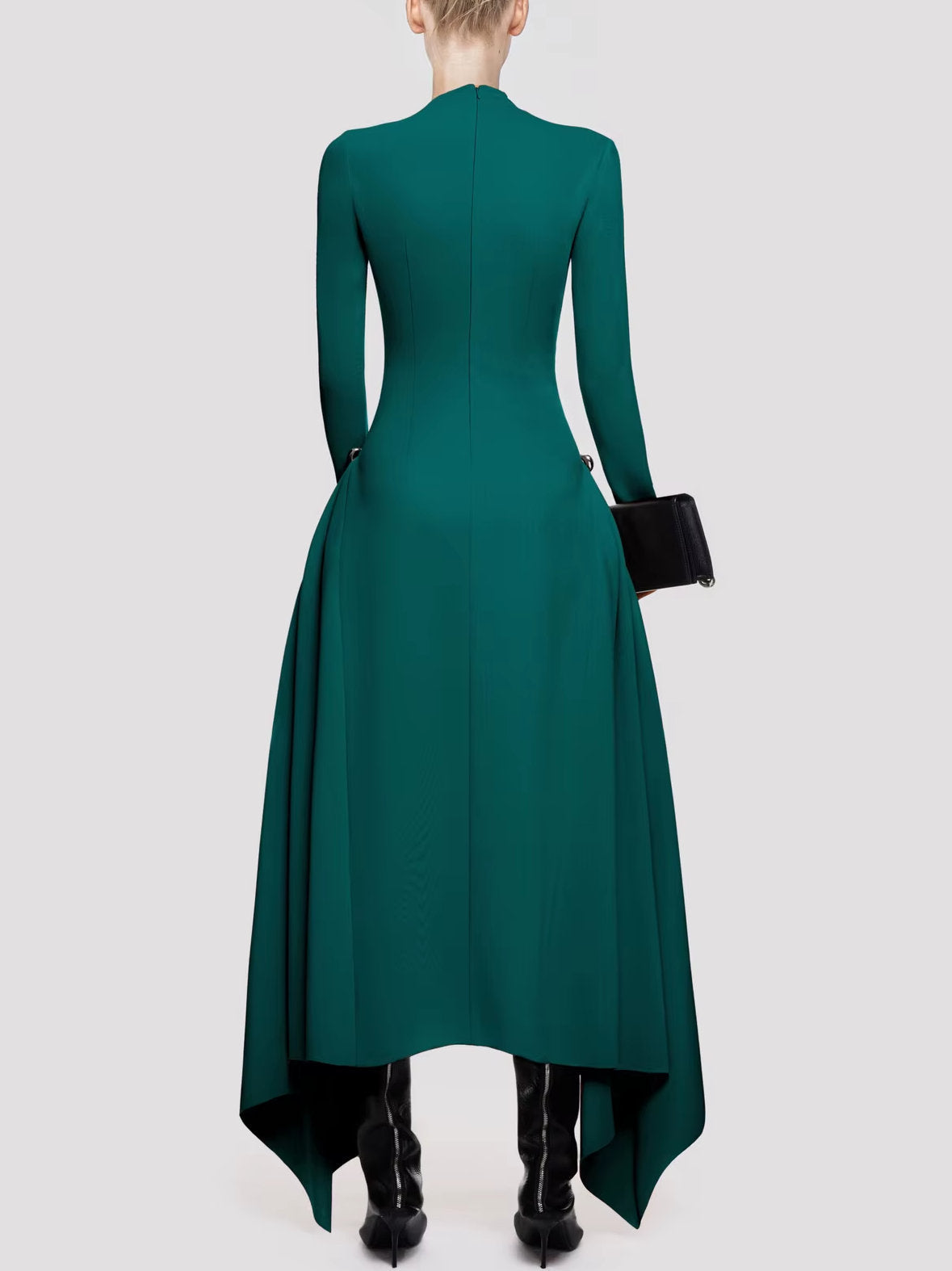 Long-sleeved brown Asymmetrical Jersey Gathered Maxi Dress for elegant styling