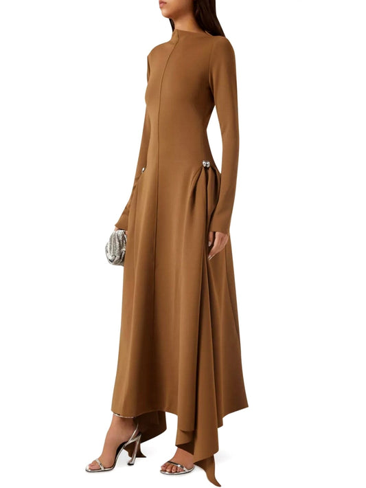 Long-sleeved brown asymmetrical jersey gathered maxi dress for stylish occasions