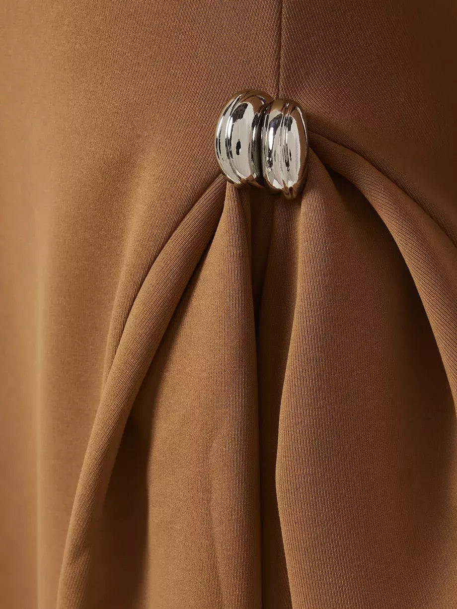 Long-sleeved brown asymmetrical jersey gathered maxi dress for stylish comfort