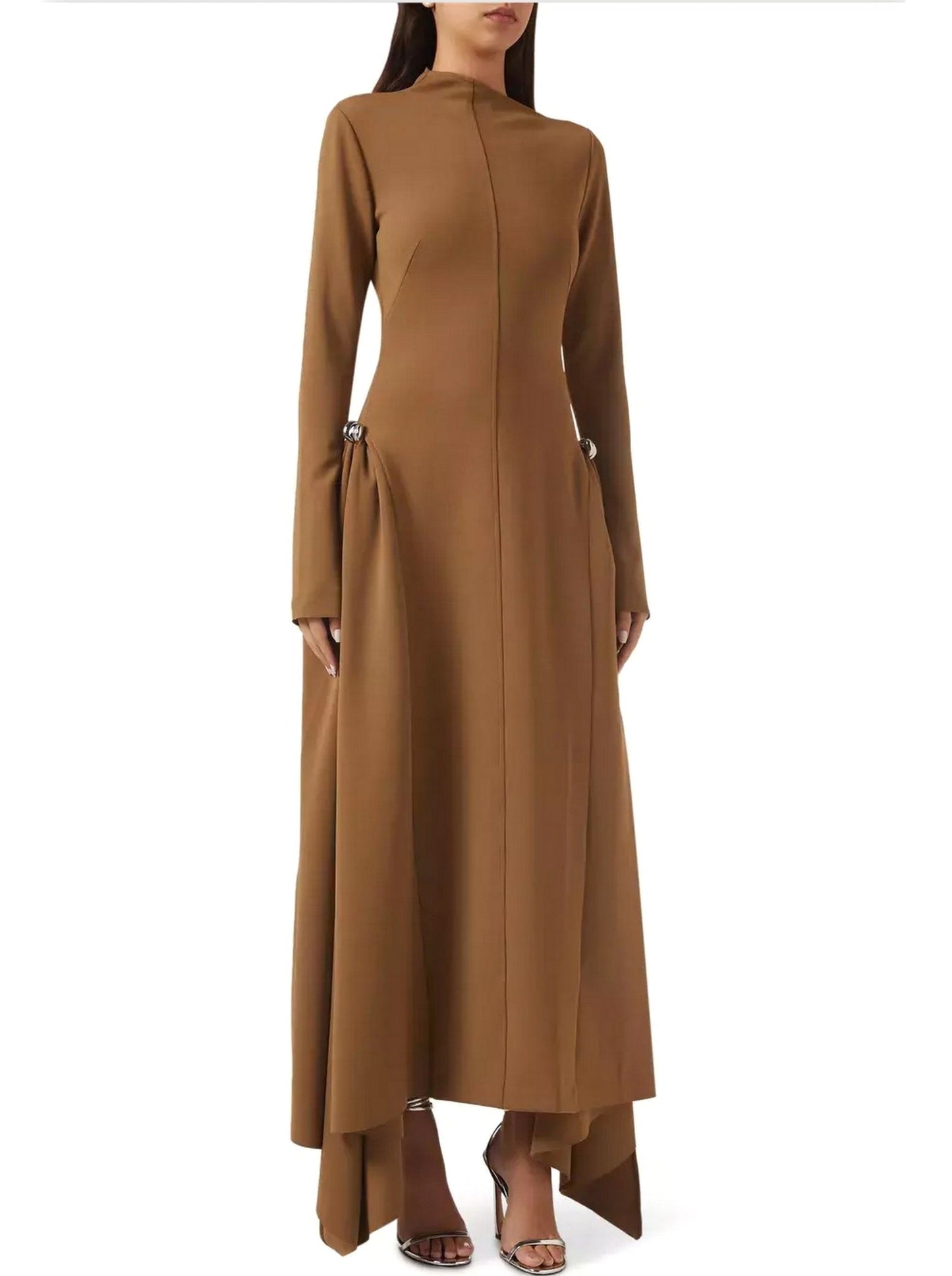 Long-sleeved brown Asymmetrical Jersey Gathered Maxi Dress showcasing elegant style