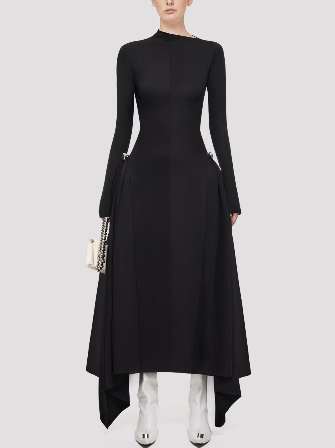 Long-sleeved brown jersey gathered maxi in Asymmetrical Jersey Gathered style