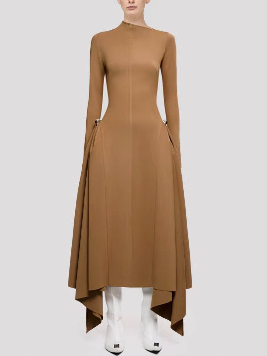 Long-sleeved brown Asymmetrical Jersey Gathered Maxi Dress for stylish comfort