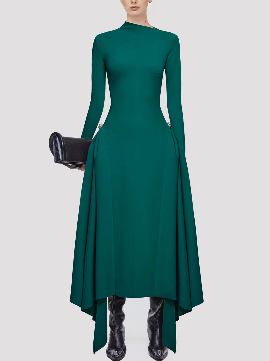 Long-sleeved brown asymmetrical jersey gathered maxi dress for elegant style