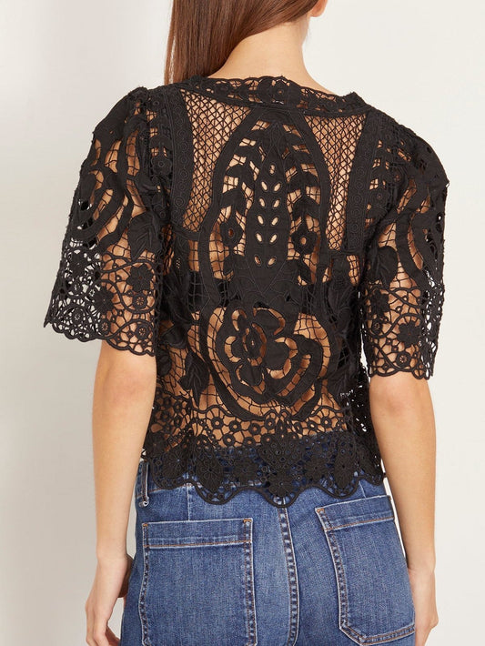 Asymmetrical Lace Tie-Front Top in Black - Tops