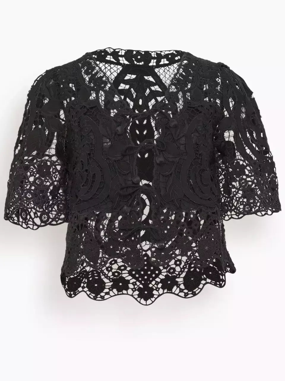 Asymmetrical Lace Tie-Front Top in Black - Tops