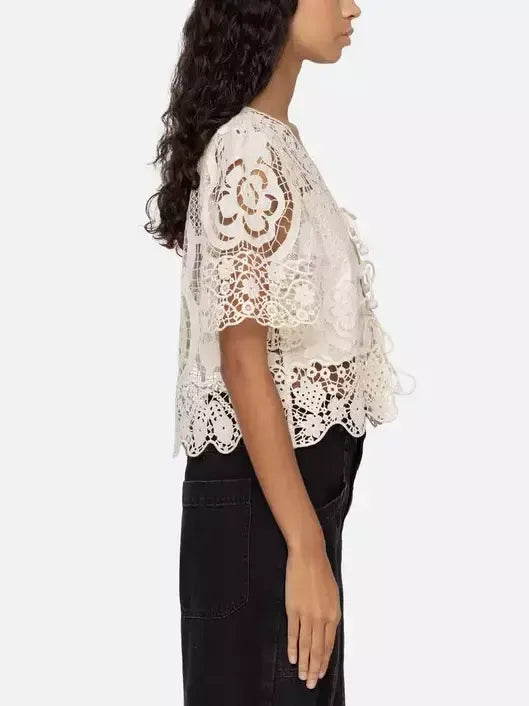 Asymmetrical Lace Tie-Front Top in Light Beige - Tops