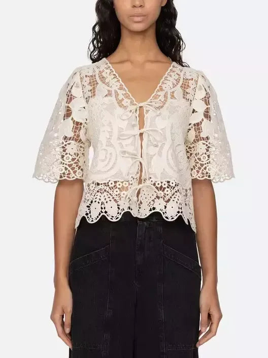 Asymmetrical Lace Tie-Front Top in Light Beige - Tops