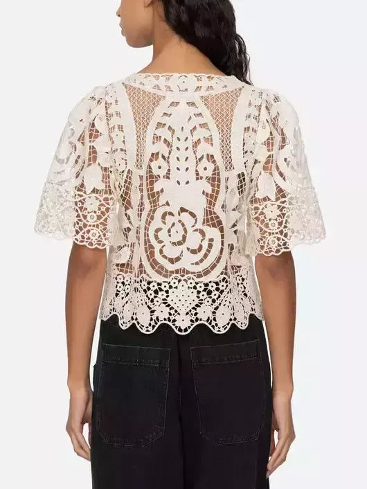 Asymmetrical Lace Tie-Front Top in Light Beige - Tops