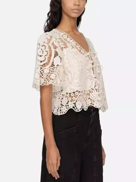 Asymmetrical Lace Tie-Front Top in Light Beige - Tops