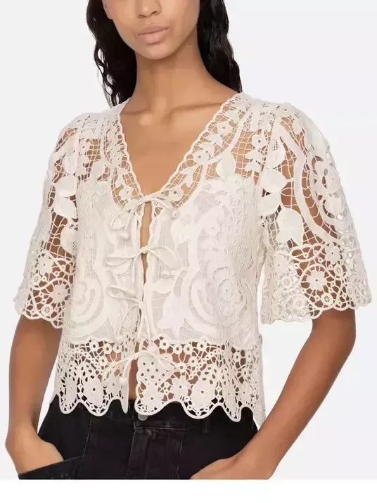 Asymmetrical Lace Tie-Front Top in Light Beige - Tops