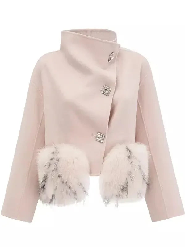 Asymmetrical Placket Pink Wool Jacket with Fur Pockets - Jackets
