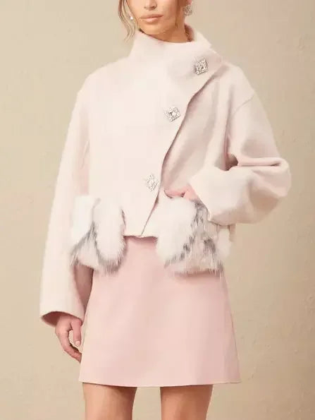 Asymmetrical Placket Pink Wool Jacket with Fur Pockets - Jackets