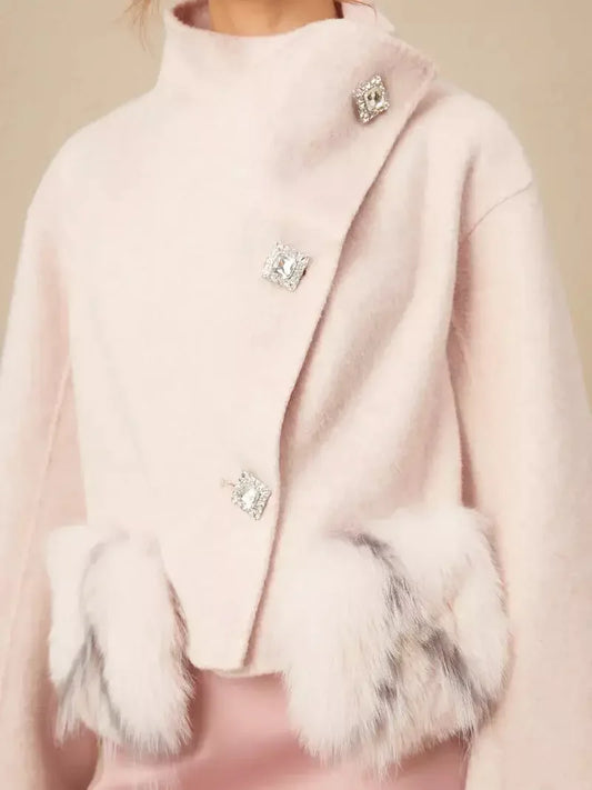 Asymmetrical Placket Pink Wool Jacket with Fur Pockets - Jackets