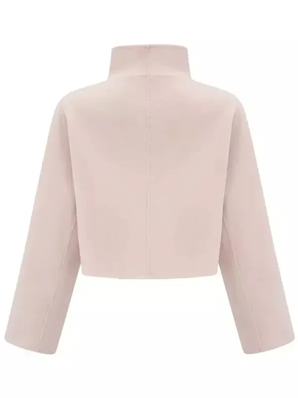 Asymmetrical Placket Pink Wool Jacket with Fur Pockets - Jackets