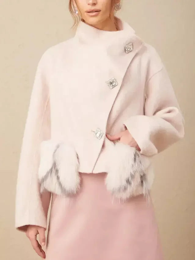 Asymmetrical Placket Pink Wool Jacket with Fur Pockets - Jackets