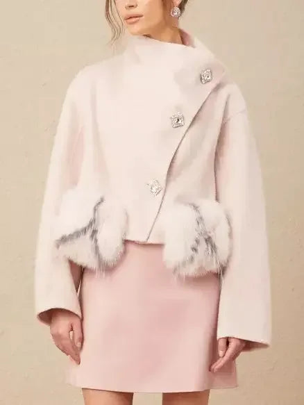 Asymmetrical Placket Pink Wool Jacket with Fur Pockets - Jackets