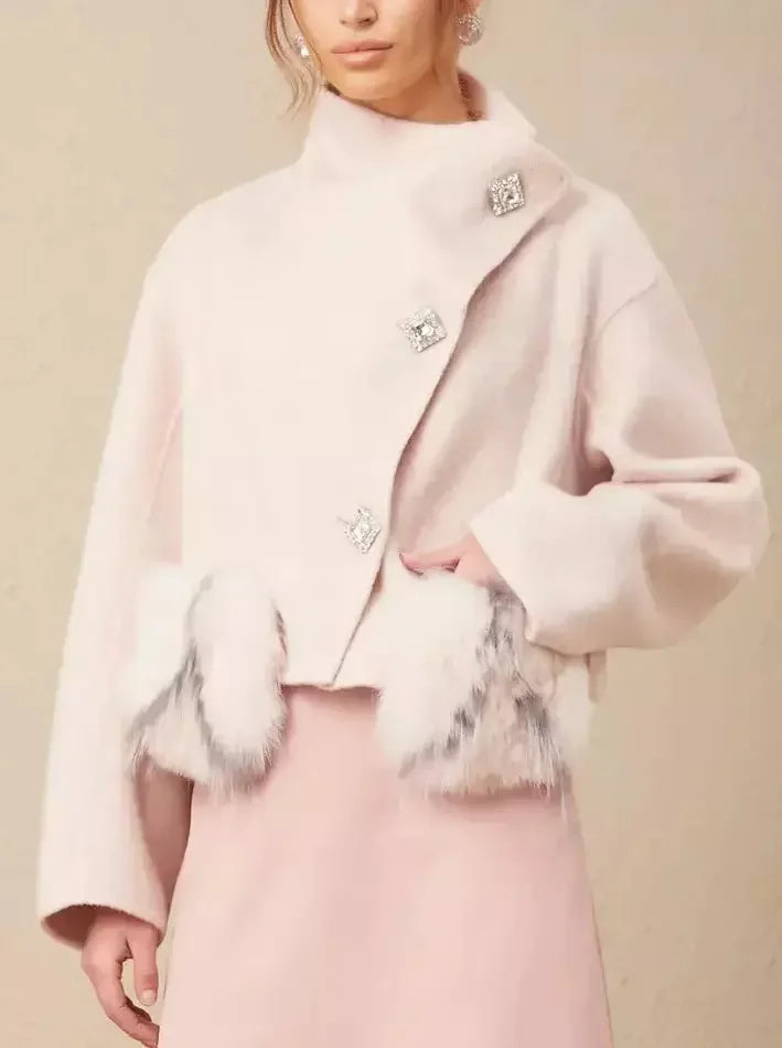 Asymmetrical Placket Pink Wool Jacket with Fur Pockets - Jackets