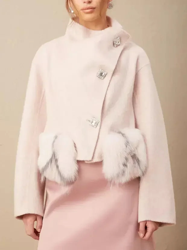 Asymmetrical Placket Pink Wool Jacket with Fur Pockets - Jackets