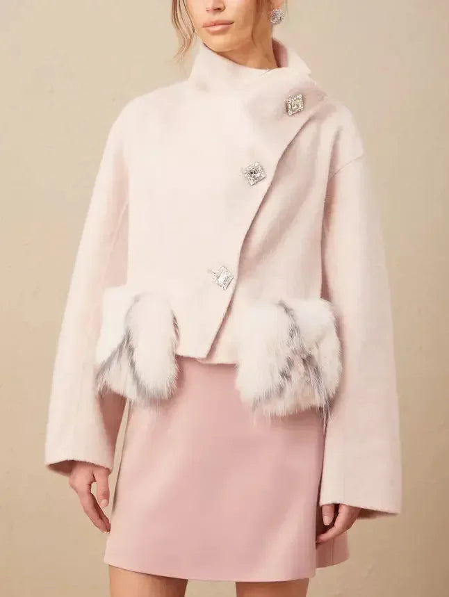 Asymmetrical Placket Pink Wool Jacket with Fur Pockets - Jackets