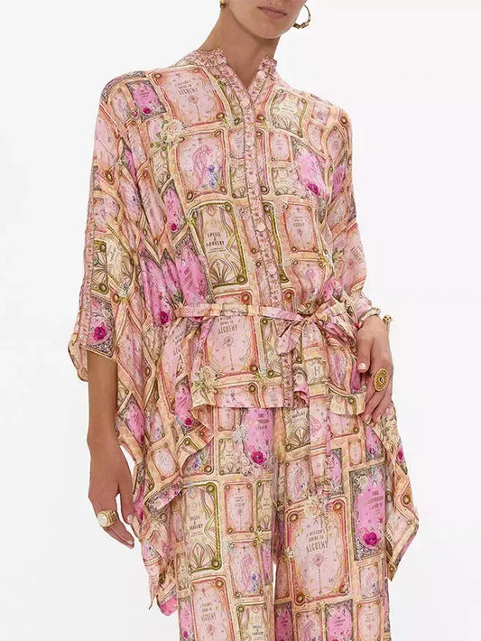 Asymmetrical Printed Silk Blouse and Pant Set - Suits & Sets