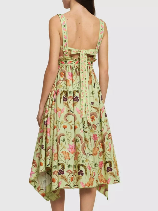 Asymmetrical Printed Sun Dress with Waist Embroidery - Dresses