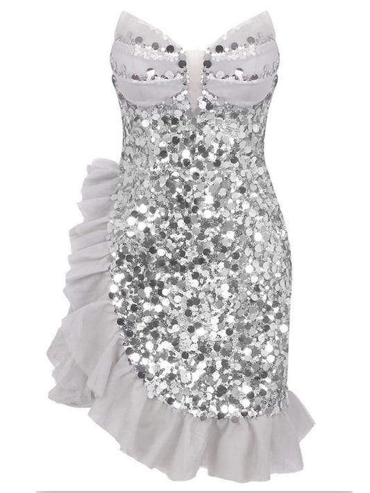 Asymmetrical Ruffle Mesh Trim Silver Sequin Mini Dress - Dresses