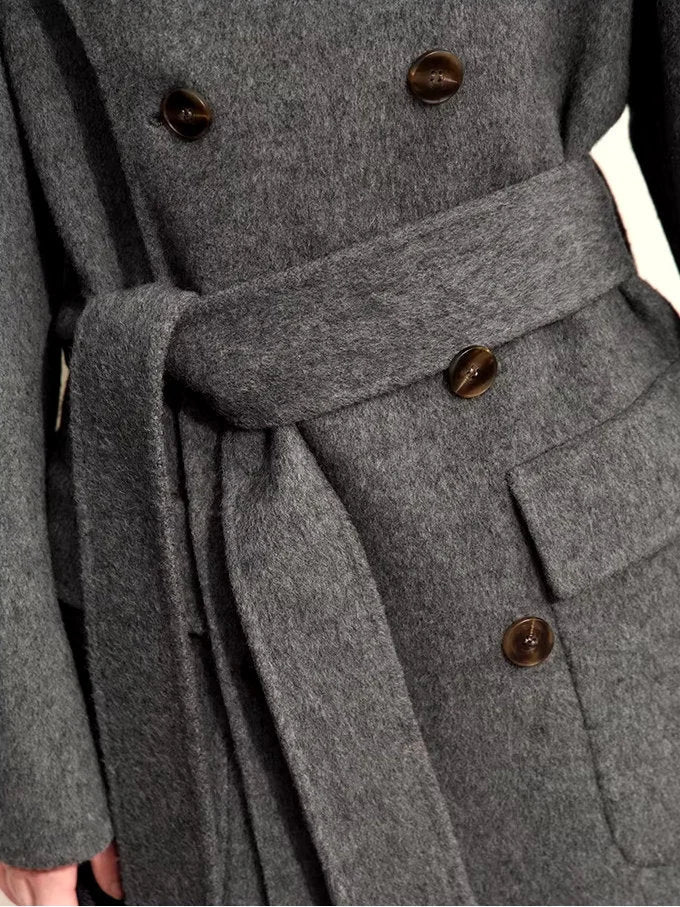 Asymmetrical Scarf Collar Belted Wool and Silk Coat - Coats