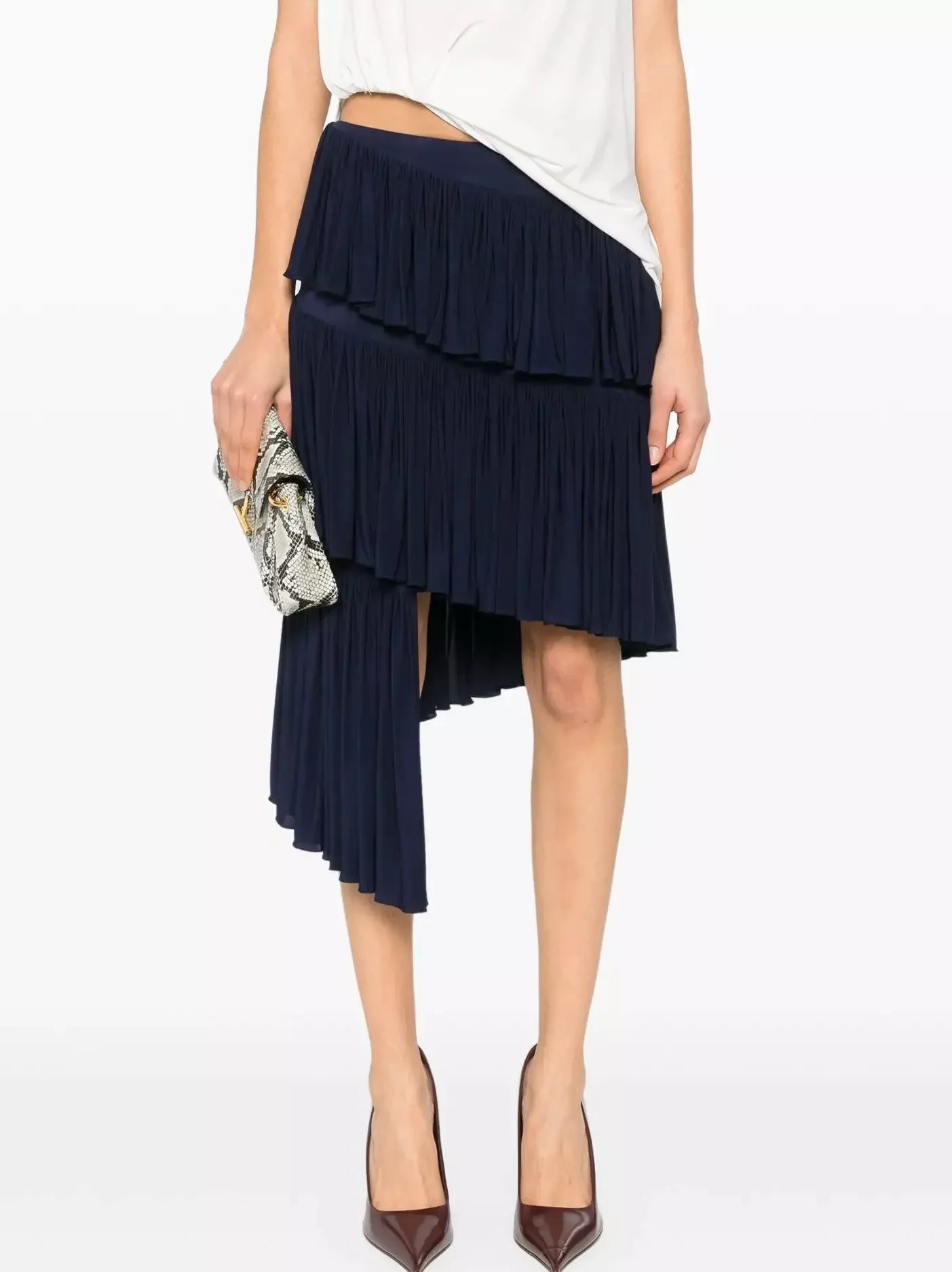 Asymmetrical Spiral Pleated Skirt in Navy - Skirts