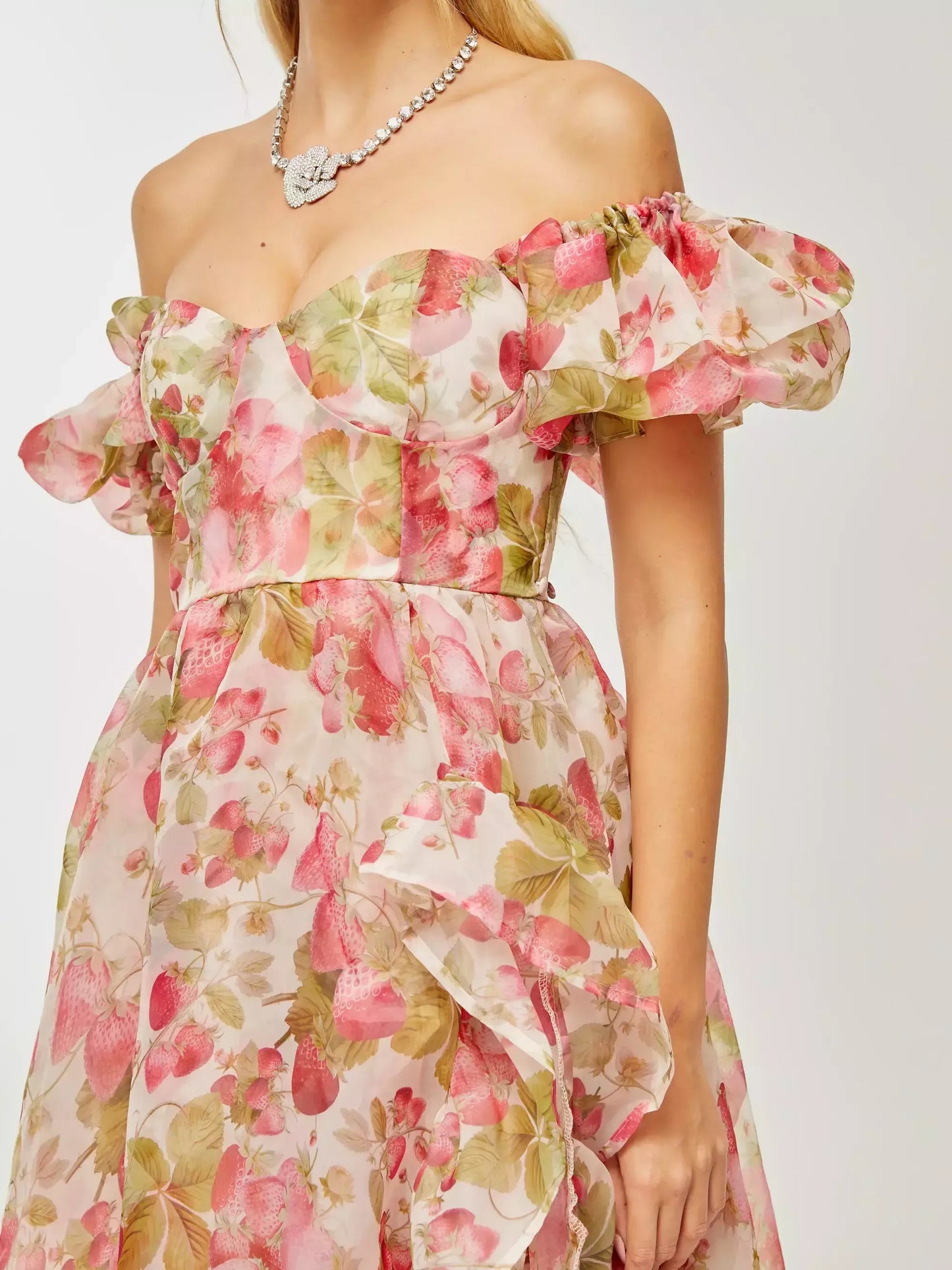 Asymmetrical Strawberry Vine Print Dress - Dresses