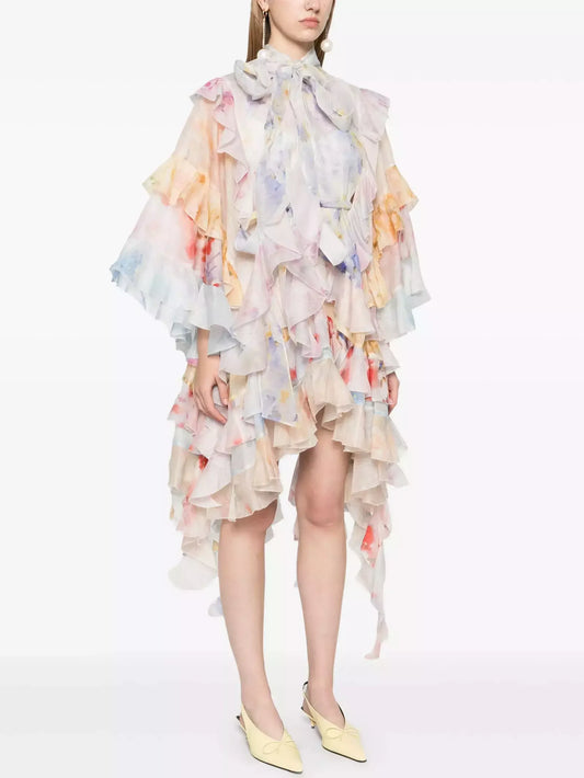 Asymmetrical Tiered multicolored Mini Dress - Dresses