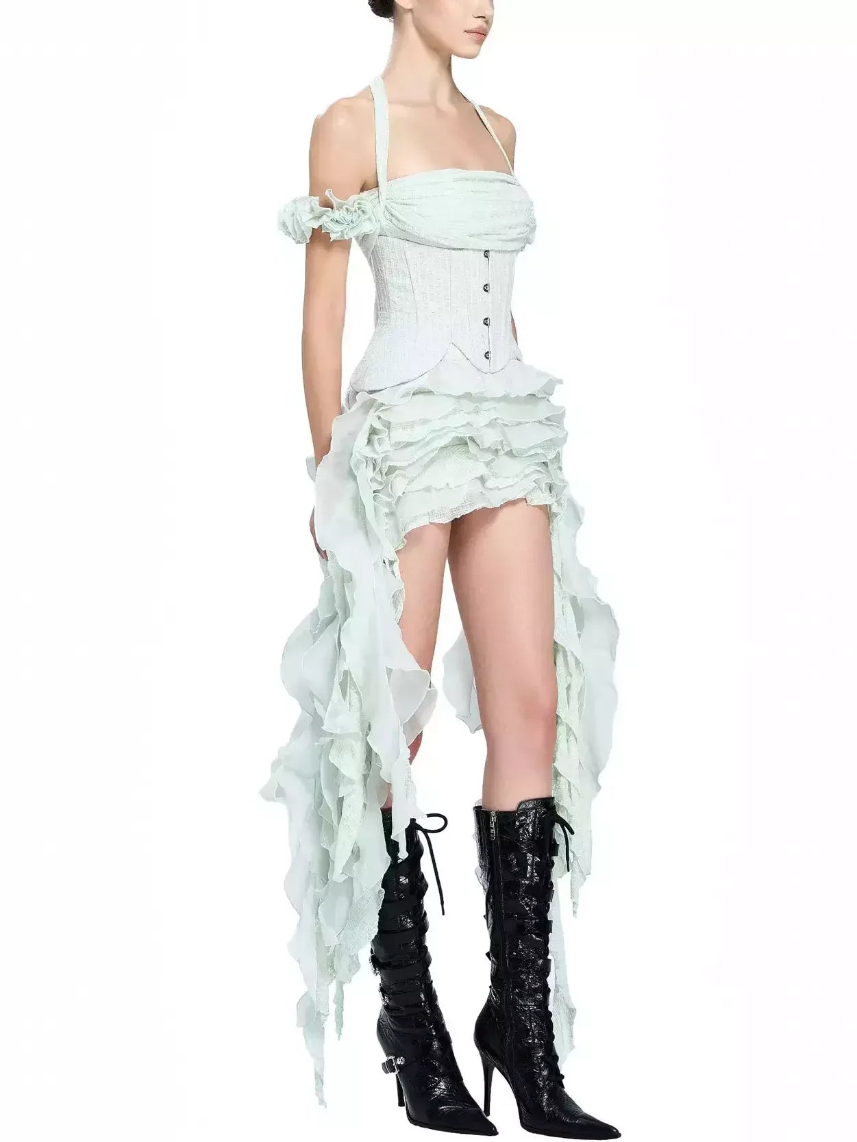 Asymmetrical Tiered Ruffled Corset Mini Dress in Mint Green - Dresses