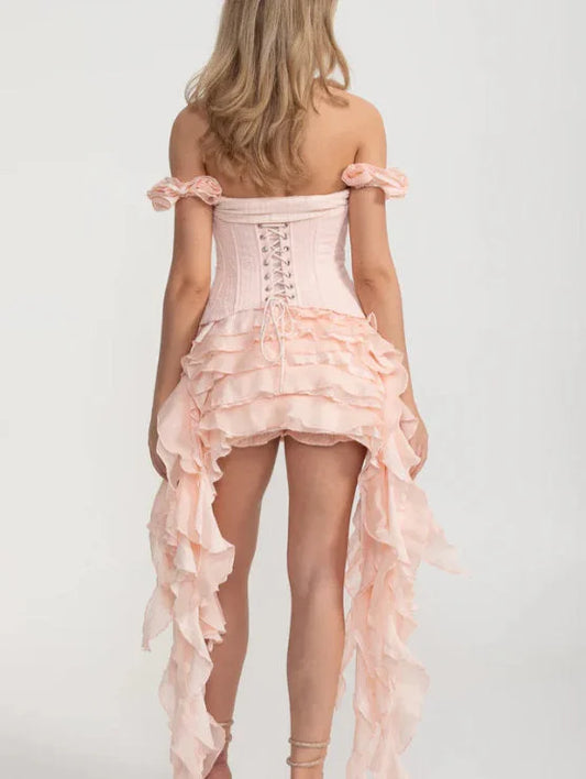 Asymmetrical Tiered Ruffled Corset Mini Dress in Soft Pink - Dresses
