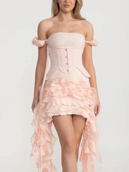 Asymmetrical Tiered Ruffled Corset Mini Dress in Soft Pink - Dresses