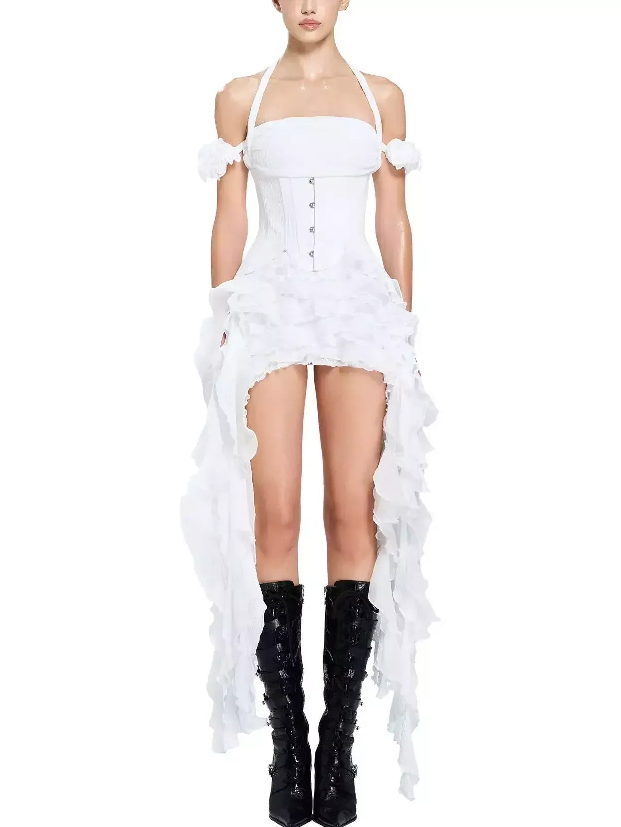 Asymmetrical Tiered Ruffled Corset Mini Dress in White Asymmetrical Tiered Ruffled Corset Mini Dress in White