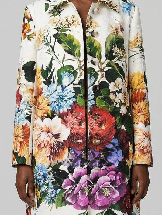 Jacquard White Coat with Multicolored Floral Print - Coats