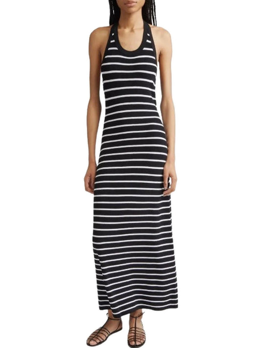 Backless Black and White Striped Knit Maxi Dress - Dresses