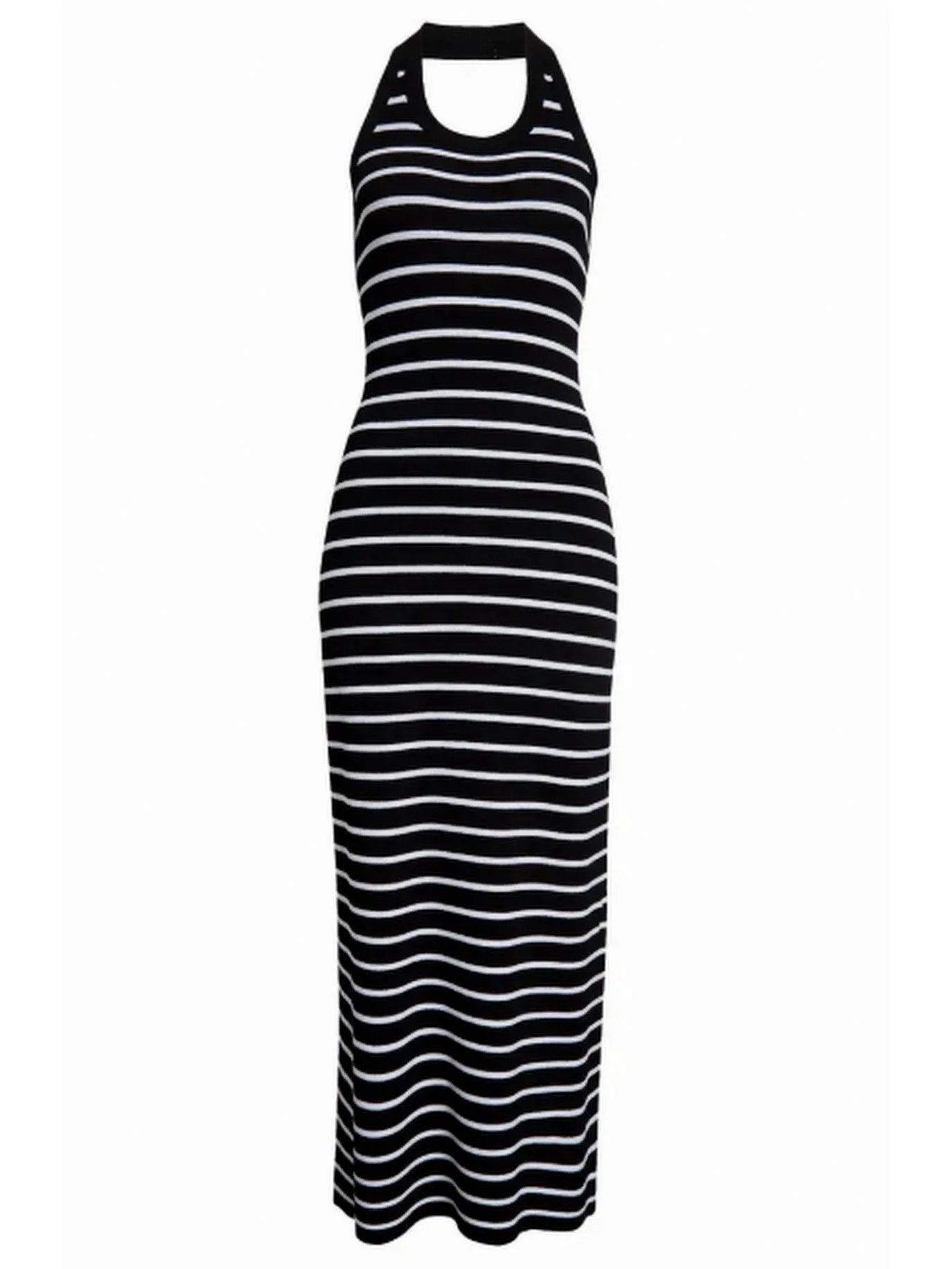 Backless Black and White Striped Knit Maxi Dress