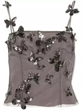 Backless Butterfly-Sequin-Applique Mesh-Overlay Top - Tops
