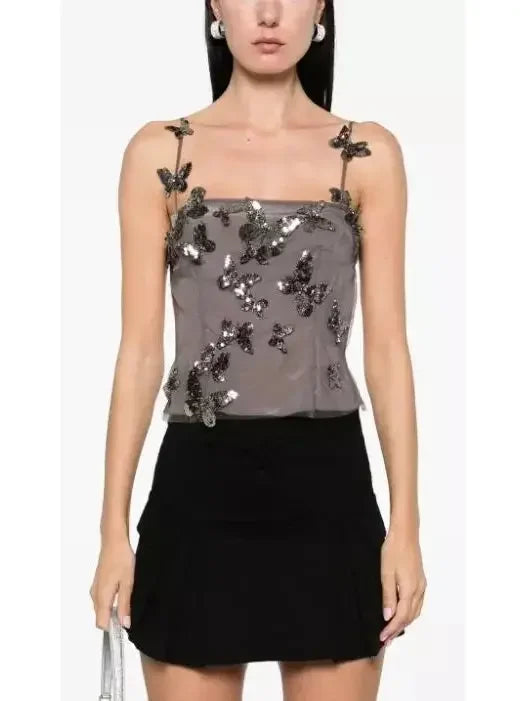Backless Butterfly-Sequin-Applique Mesh-Overlay Top - Tops