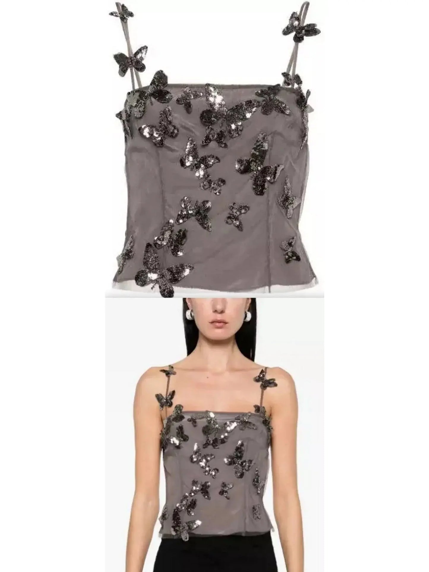 Backless Butterfly-Sequin-Applique Mesh-Overlay Top - Tops