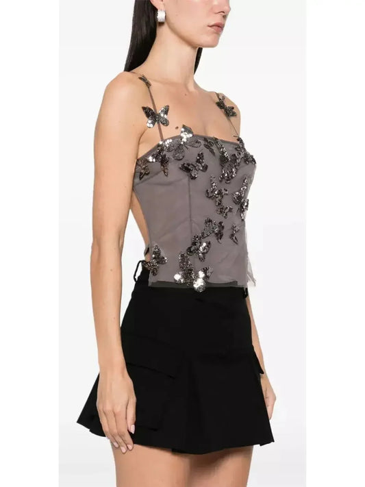 Backless Butterfly-Sequin-Applique Mesh-Overlay Top - Tops