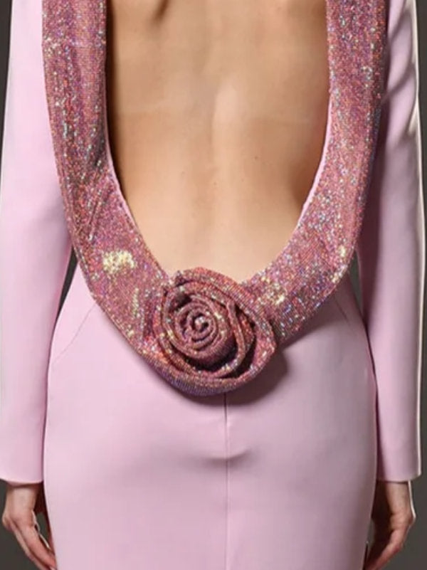 Backless Crystal-Trim Long Rose-Applique Gown - Dresses