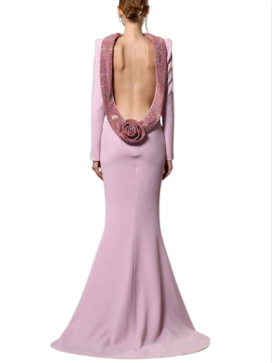 Backless Crystal-Trim Long Rose-Applique Gown - Dresses