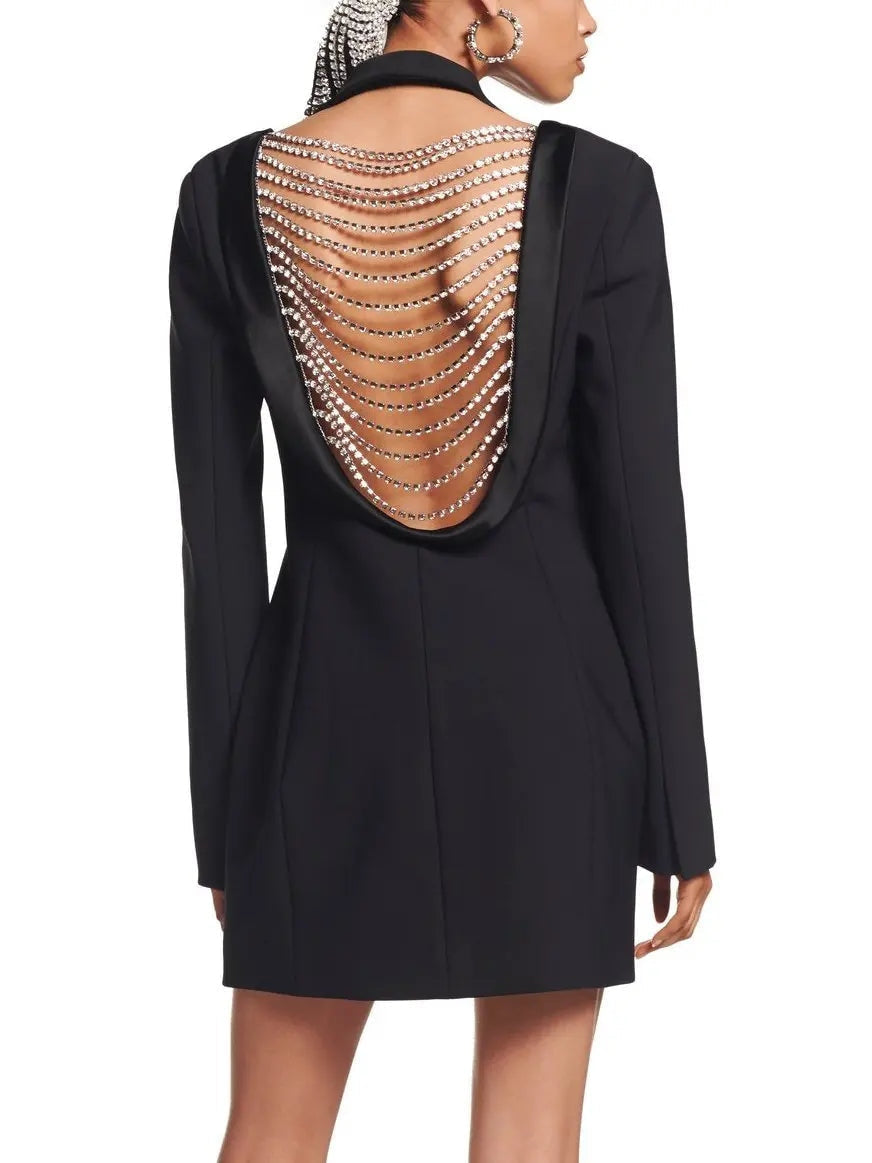 Backless Draped Crystal Blazer Dress - Dresses