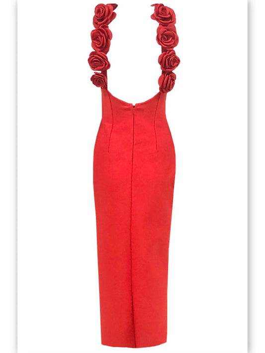 Backless Red Rose-Appliques Maxi Dress - Dresses