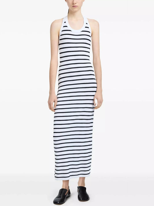 Backless White and Black Striped Knit Maxi Dress - Dresses