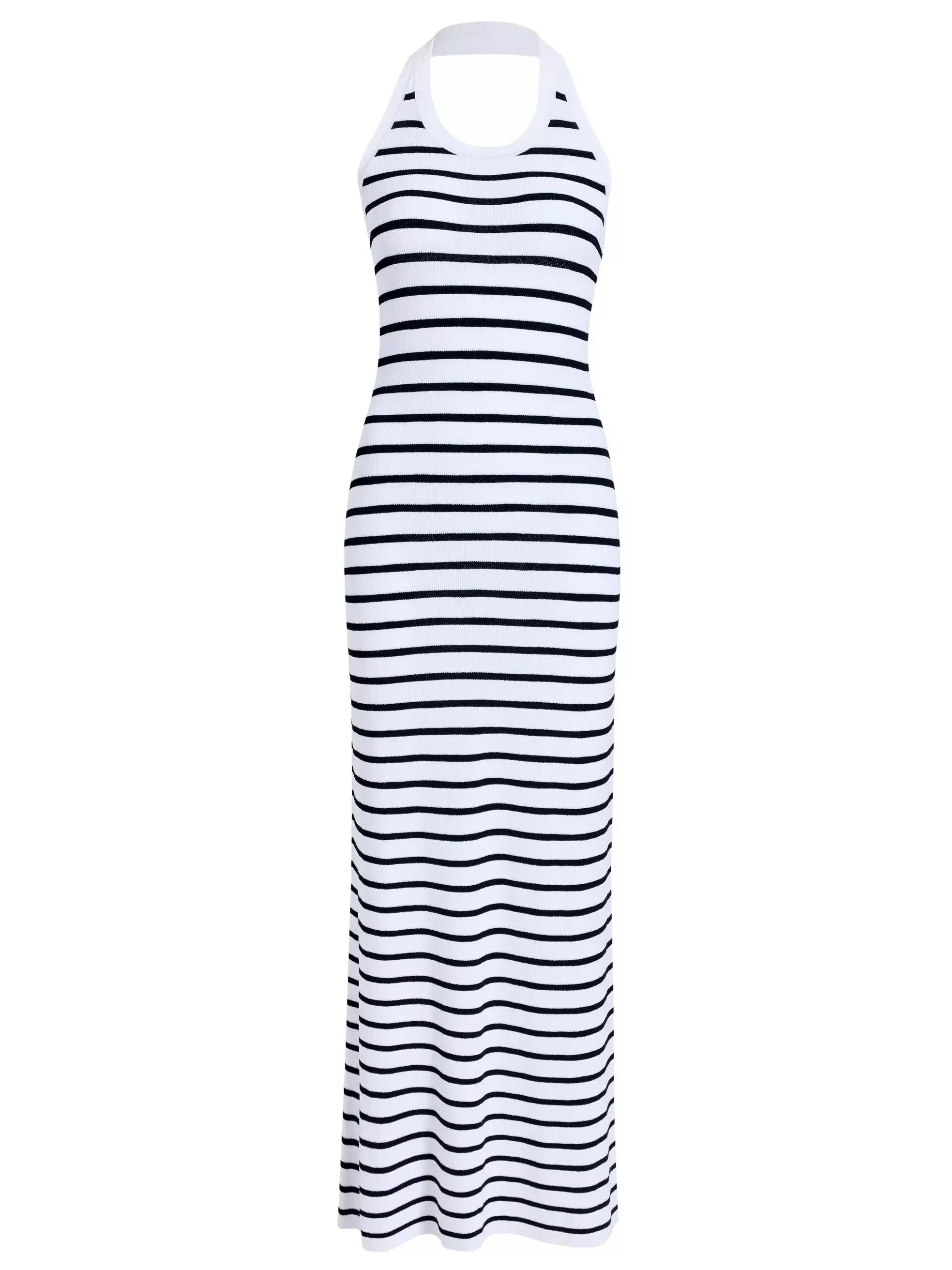 Backless White & Black Striped Knit Maxi Dress