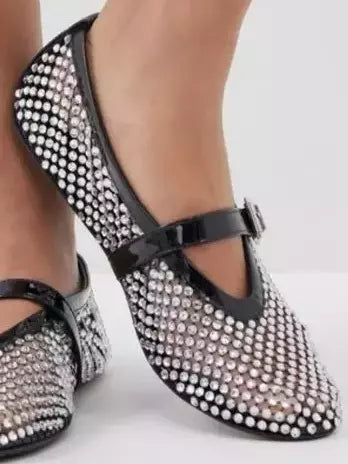 Elegant Black Patent Leather and Rhinestone Mary Jane Ballet Flats by Branna Couture