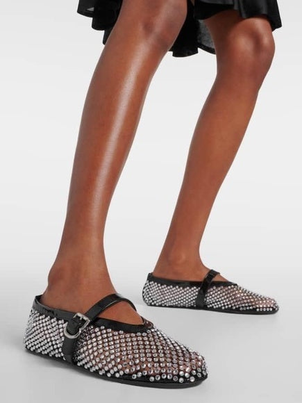 Rhinestone-embellished black leather ballet flats from Branna Couture for high-end women’s fashion